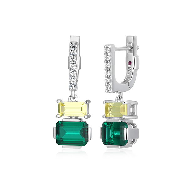 Elle Sterling Silver PUZZLE Emerald and Yelllow Created Sapphire Cubic Zirconia Hoop Earrings - Silver