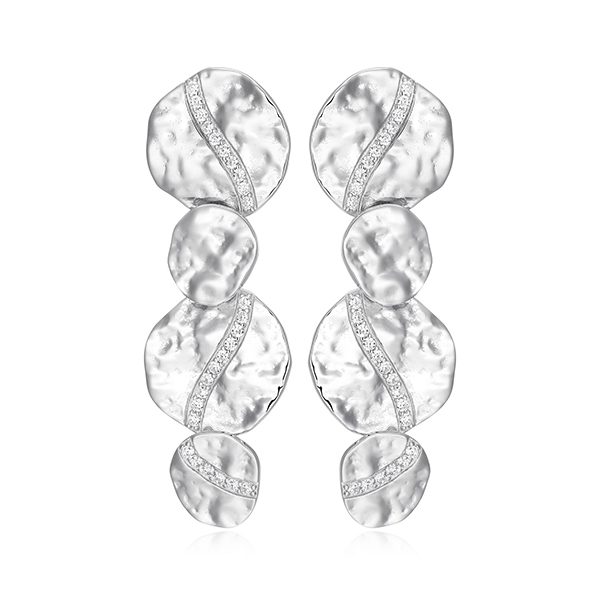 Elle Sterling Silver GALAXY Finish Texture Multi Size Round Disc Cubic Zirconia Long Drop Stud Earrings - Silver