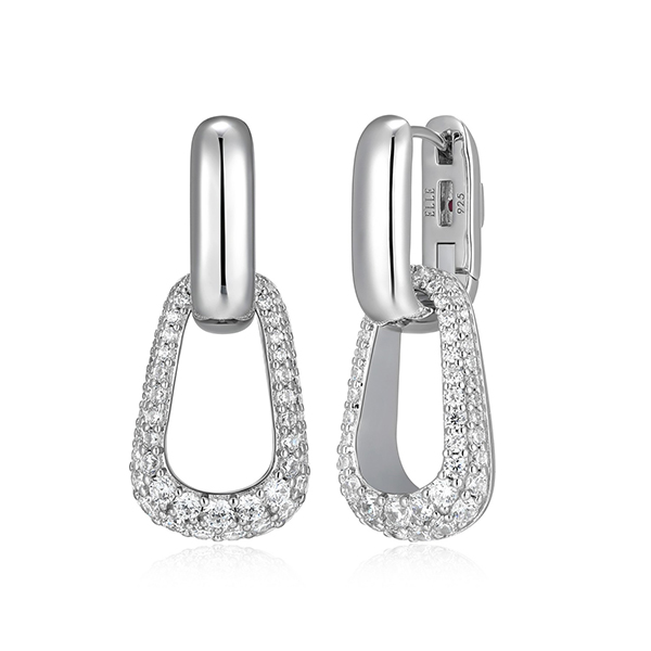 Elle Sterling Silver CITADEL 2 in 1 Removable Cubic Zirconia Oblong Drop Rectangle Hoop Earrings - Silver