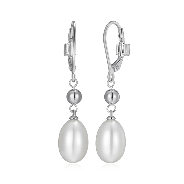 Elle Sterling Silver GENESIS Oval White Pearl and Bead Leverback Drop Earrings - Silver