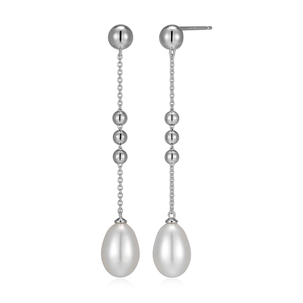 Elle Sterling Silver GENESIS Oval White Pearl and Bead Dangle Stud Earrings - Silver
