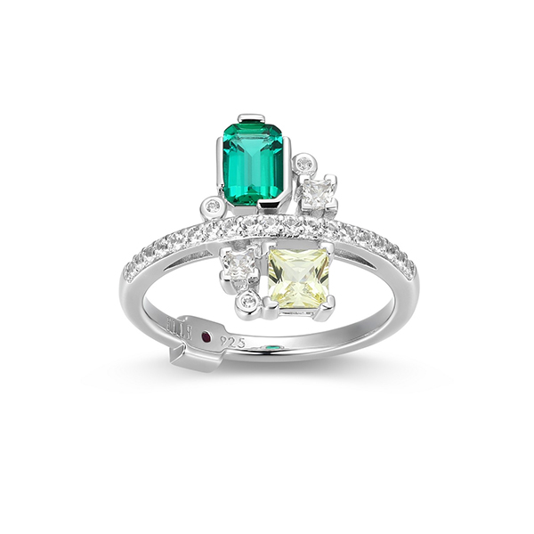 ELLE Sterling Silver PUZZLE Multi Color Created Sapphire and Emerald Ring Size 6 - Silver