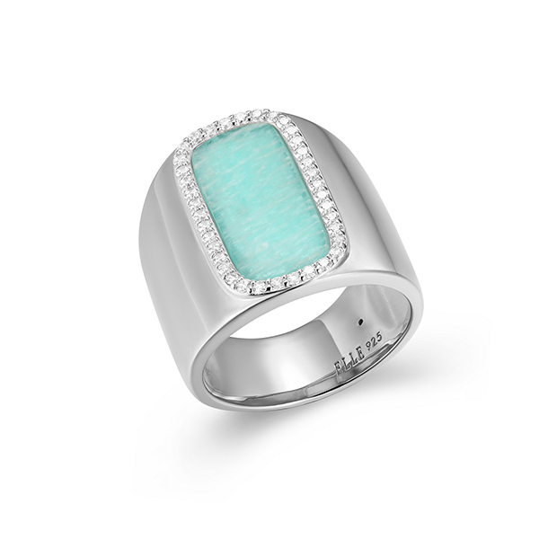ELLE Sterling Silver ALLURE Cubic Zirconia and Amazonite Halo Wide Ring Size 6 - Silver