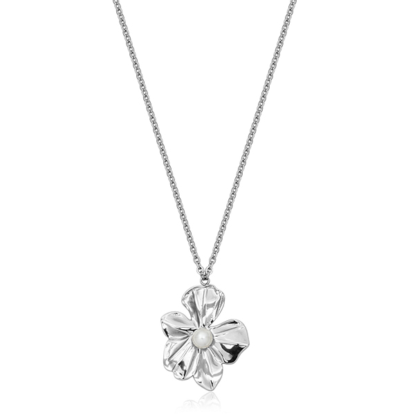 CJ STEELX High Polish 6mm Shell Pearl On Flower Pendant Necklace SIze 18 - Silver