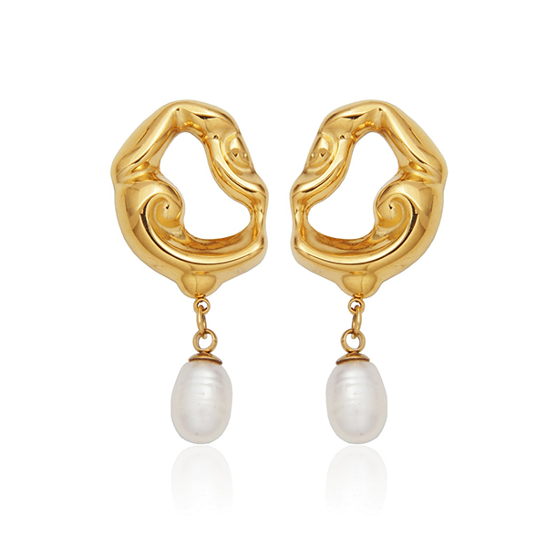 CJ STEELX Wavy Oval Fresh Water Peael Drop Earrings - Gold