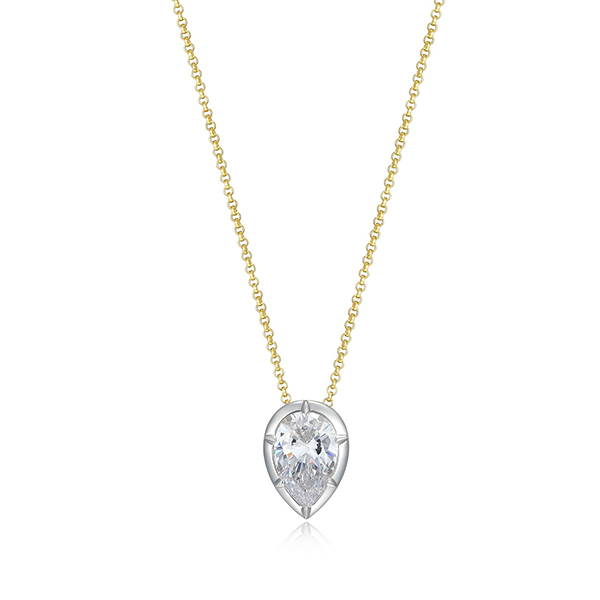 Elle Sterling Silver Diamondlite Cubic Zirconia Bezel Set Inverted Pear Solitaire Rolo Two Tone Necklace Size 16