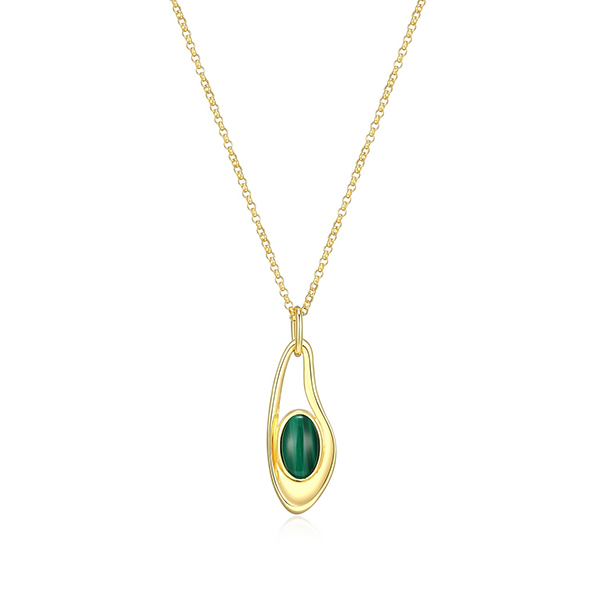 Elle Sterling Silver OASIS Oval Malachite Open Drop Pendant Necklace Size 18 - Gold