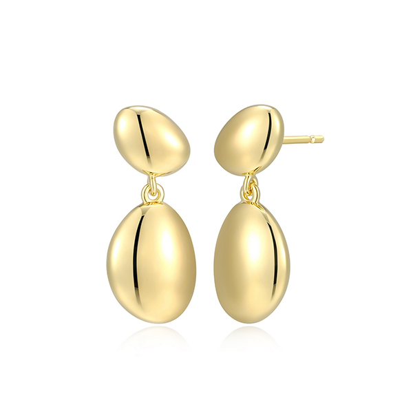 Elle Sterling Silver High Polished Two Pebble Long Drop Earrings - Gold