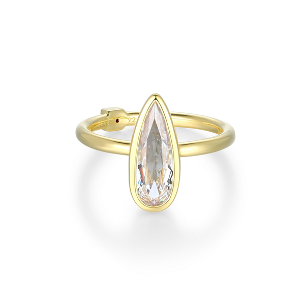 Elle Sterling Silver LUSTRE Long Pear Shape with Faceted Cubic Zirconia Ring Size 9 - Gold