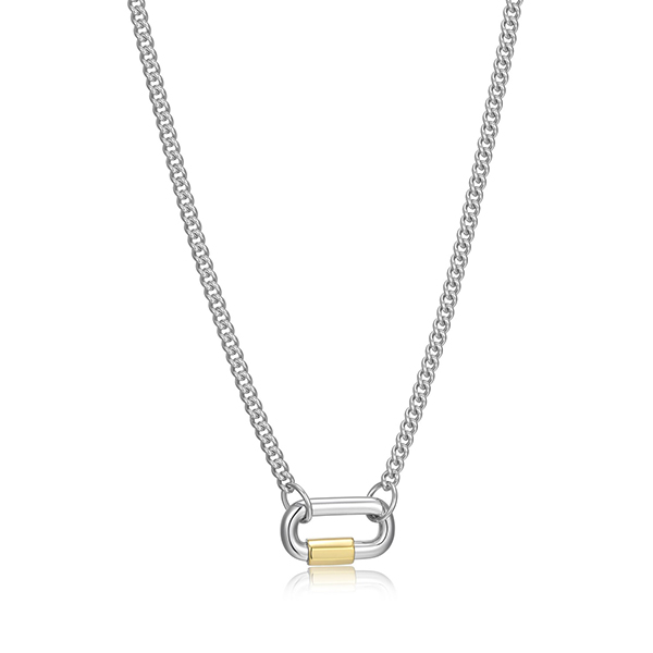 Elle Sterling Silver Carabiner Link Curb Chain Two Tone Necklace Size 15