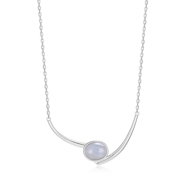 Elle Sterling Silver LUSTRE Cabochon Blue Lace Agate Necklace Size 17 - Silver