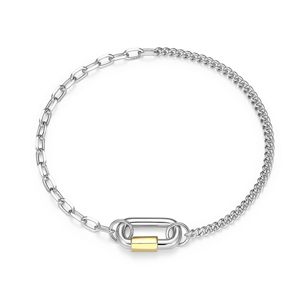 Elle Sterling Silver Carabiner Link Half Cable and Curb Chain Two Tone Bracelet