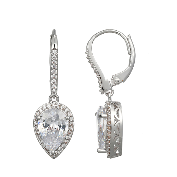 Elle Sterling Silver Diamonlite Cubic Zirconia Pear Halo Leverback Earrings - Silver