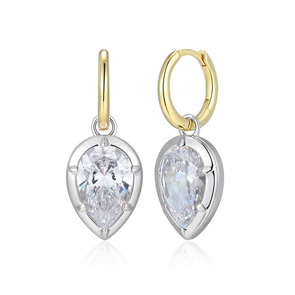 Elle Sterling Silver Diamondlite Cubic Zirconia Bezel Set 2 in 1 Inverted Pear Huggie Two Tone Earrings