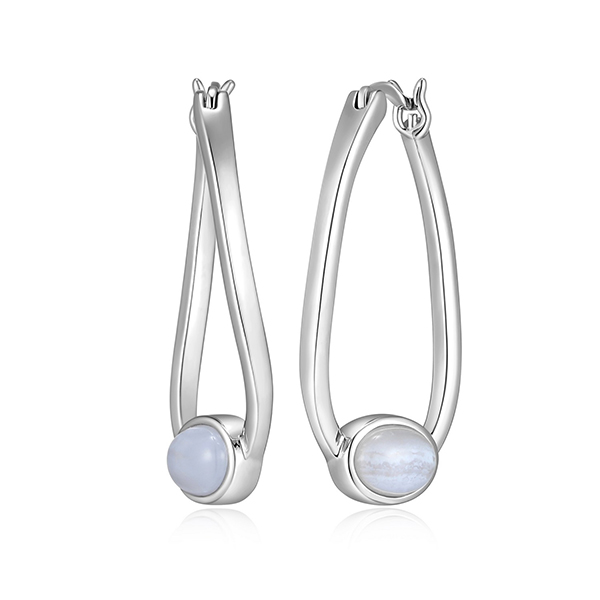 Elle Sterling Silver LUSTRE Genuine Blue Lace Agate Cabochon Oval Hoop Earrings - Silver