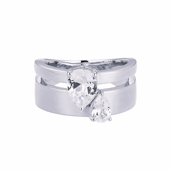 Elle Sterling Silver Cubic Zirconia Pear Shaped Wide Band Two Tone Ring Size 9 - Silver