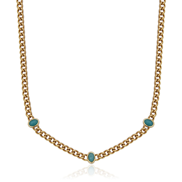 CJ STEELX Genuine Aquamarine Station Curb Chain Necklace Size 16 - Gold