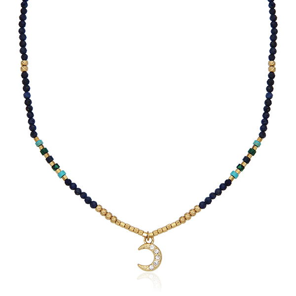 CJ STEELX Semi Precious Stone with Moon Charm Bead Necklace Size 16 - Gold