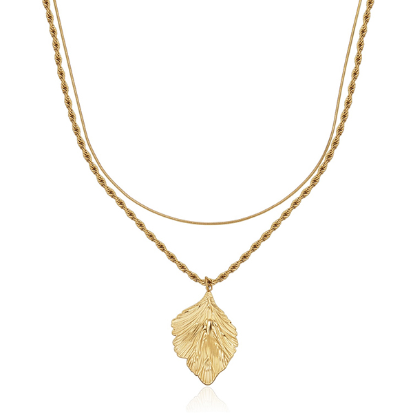 CJ STEELX Leaf Pendant Double Layer Chain Necklace Size 18 - Gold