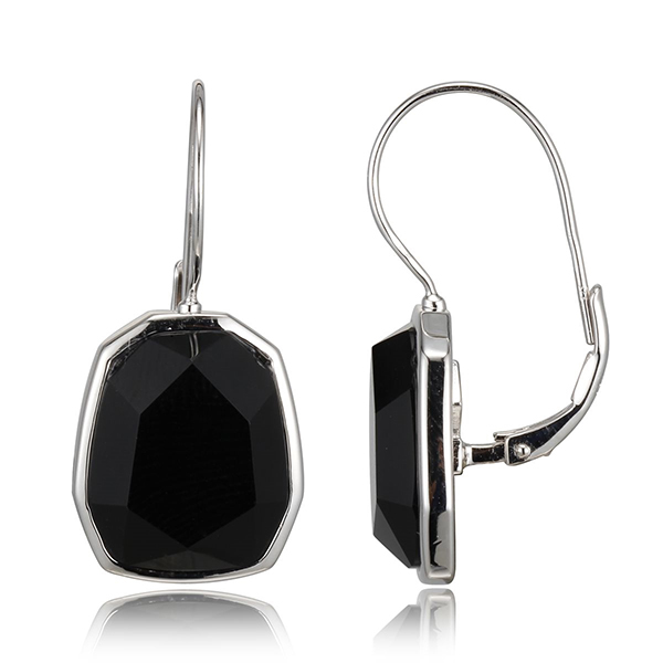 ELLE Sterling Silver Black Agate Euro Wire Earrings - Silver