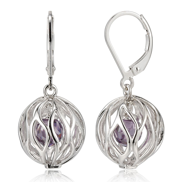 ELLE Sterling Silver Purple Cubic Zirconia Cage Leverback Earrings - Silver
