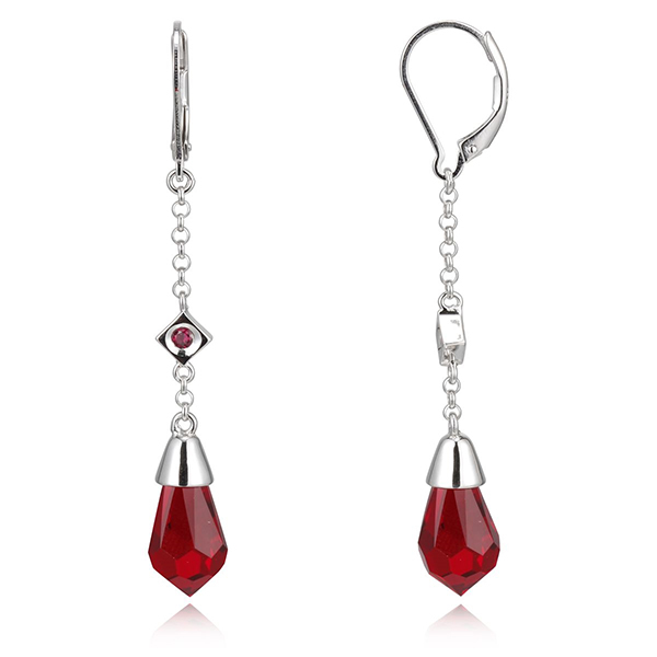 ELLE Sterling Silver Red Swarovski Crystal Long Briolette Leverback Earrings - Silver