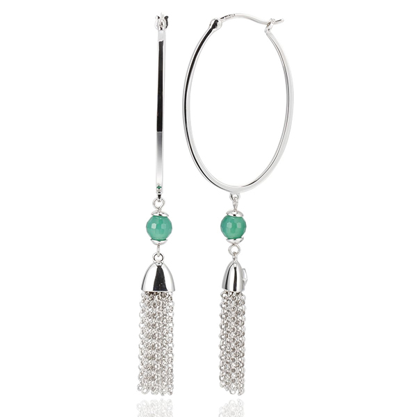 ELLE Sterling Silver Green Agate 27mm Tassel Hoop Earrings - Silver