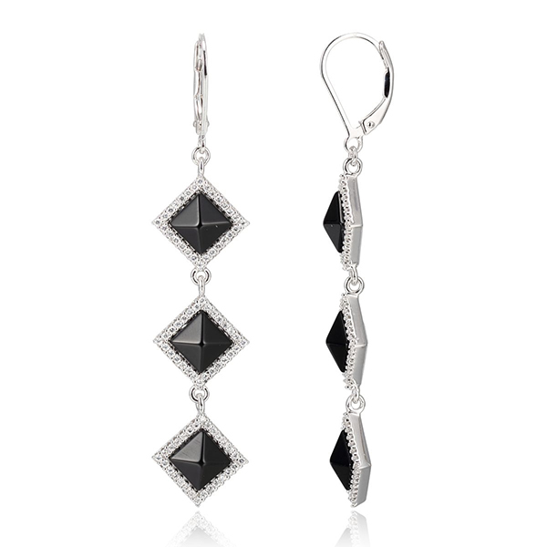 ELLE Sterling Silver Black Agate and Cubic Zirconia Triple Pyramid Leverback Earrings - Silver