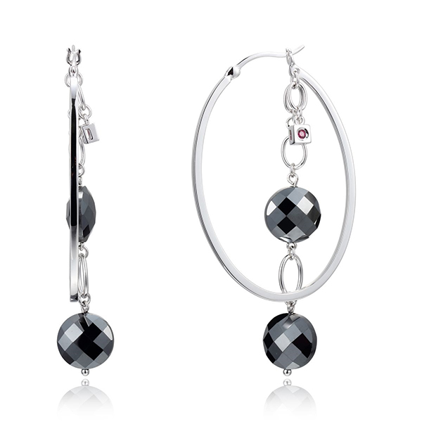 ELLE Sterling Silver Hematite Double Stone Dangle 35mm Hoop Earrings - Silver