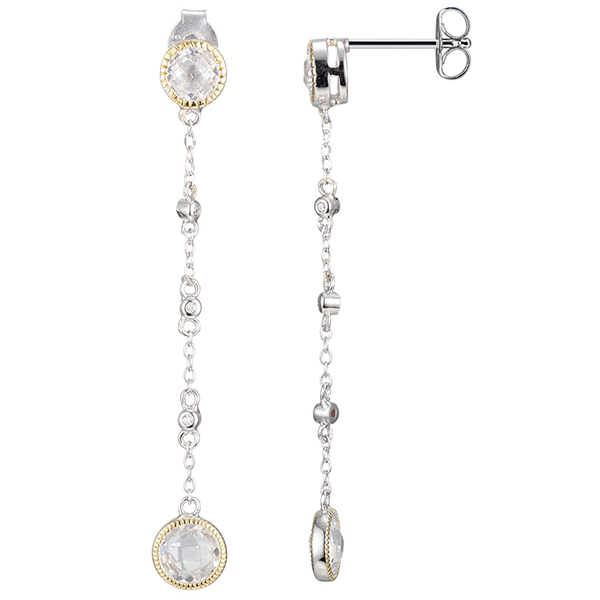 ELLE Sterling Silver  Bezel Set Cubic Zirconia Dangle Two Tone Post Earrings