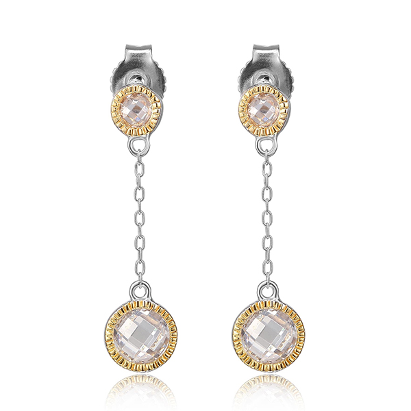ELLE Sterling Silver ESSENCE Checkered Cubic Zirconia Two Tone Post Earrings