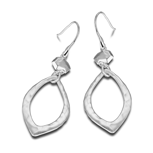 ELLE Sterling Silver Hammered Marquise Shaped Wire Hook Earrings - Silver