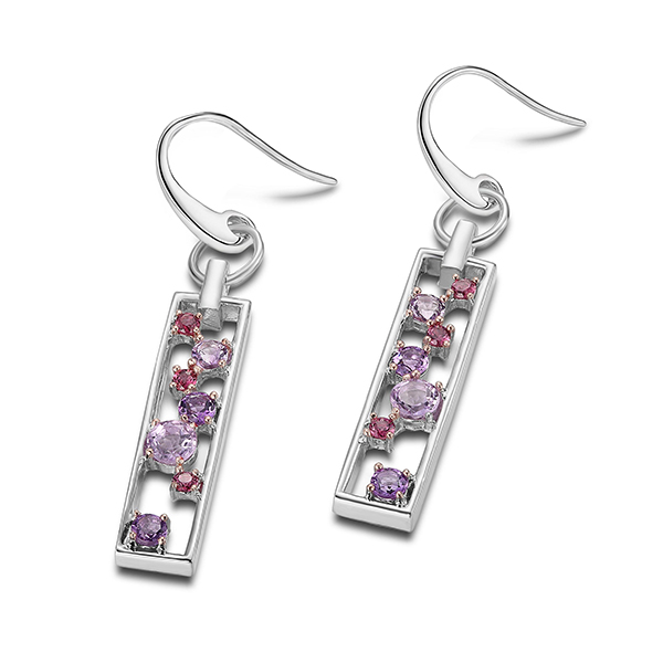 ELLE Sterling Silver ORCHID RAIN Bezel Set Amethyst Hook Earrings - Silver