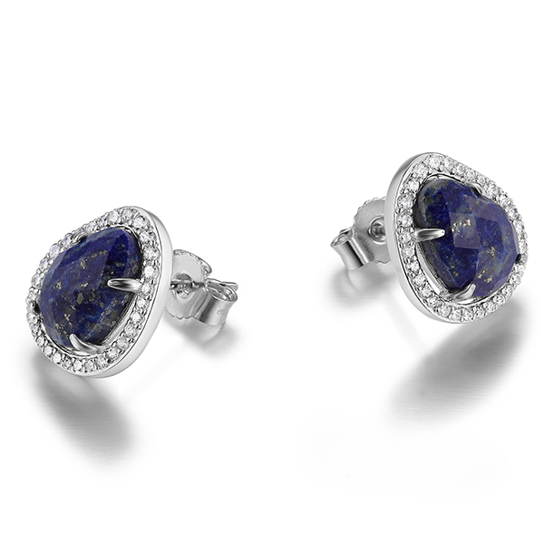 ELLE Sterling Silver Lapis Lazuli Cubic Zirconia Halo Post Earrings - Silver