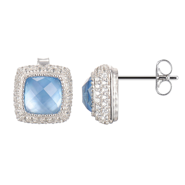 ELLE Sterling Silver Dyed Blue Mother of Pearl and White Crystal Doublet and Cubic Zirconia Stud Earrings - Silver