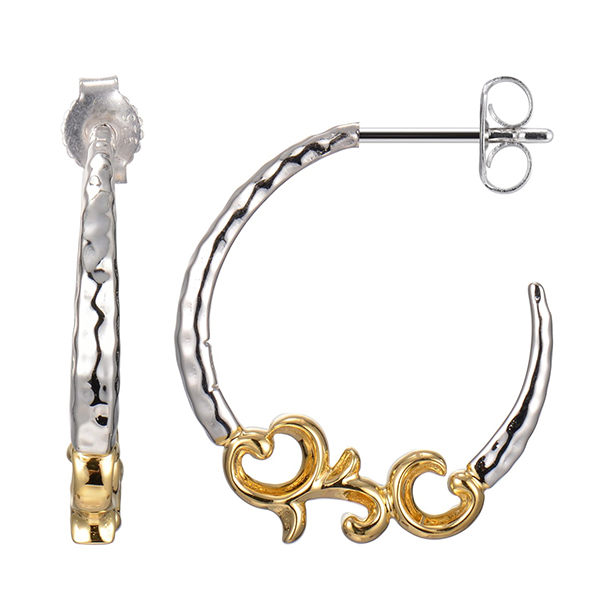 ELLE Sterling Silver Three Forth Vine Detail Two Tone Hoop Earrings