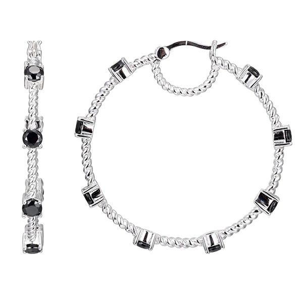 ELLE Sterling Silver Black Spinel 43mm Hoop Earrings - Silver