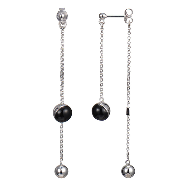ELLE Sterling Silver Ball Black Agate Dangle Post Earrings - Silver
