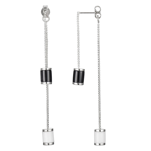 ELLE Sterling Silver White and Black Agate Front and Back Dangle Post Earrings - Silver