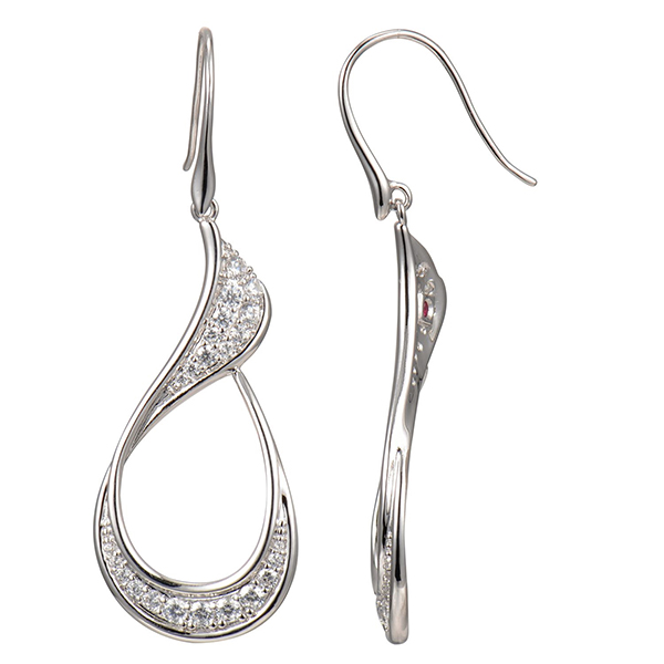 ELLE Sterling Silver Micro Pave Cubic Zirconia Ribbon Wire Hook Earrings -Silver