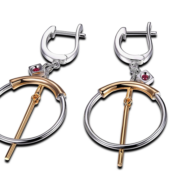 ELLE Sterling Silver Medium Circle and Bar Two Tone Clasp Earrings