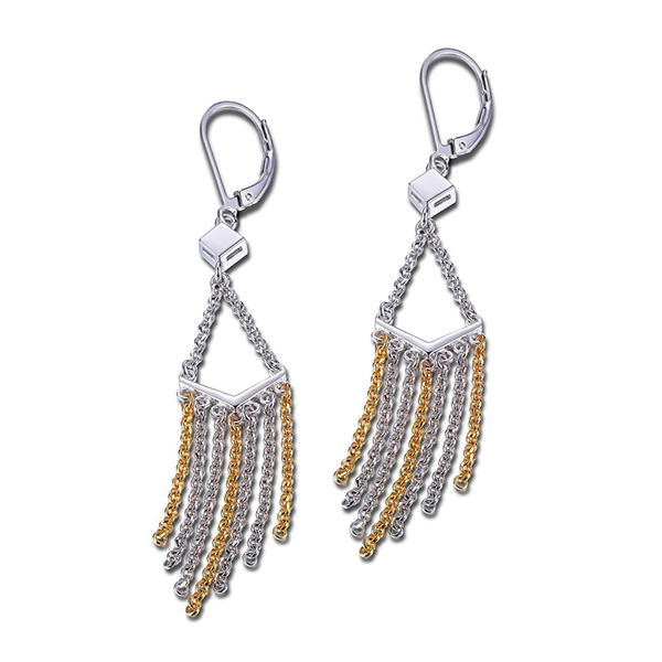 ELLE Sterling Silver CHEVRON Tassel Two Tone Leverback Earrings
