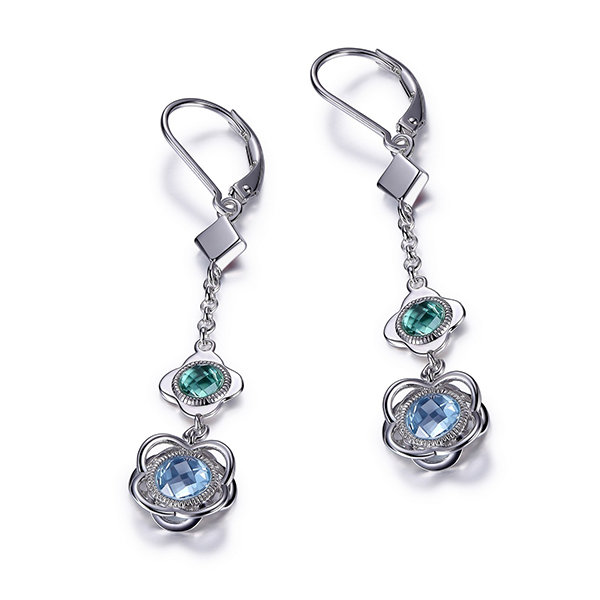 ELLE Sterling Silver Sky Blue Topaz and Simulated Green Quartz Dangle Leverback Earrings - Silver
