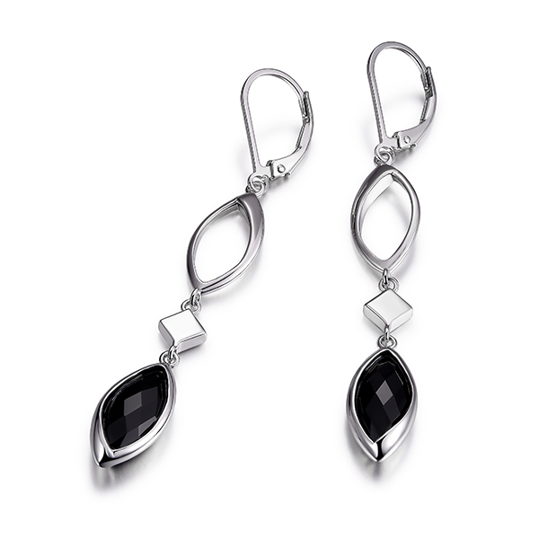 ELLE Sterling Silver Checkerboard Black Agate Marquise Shape Leverback Earrings - Silver