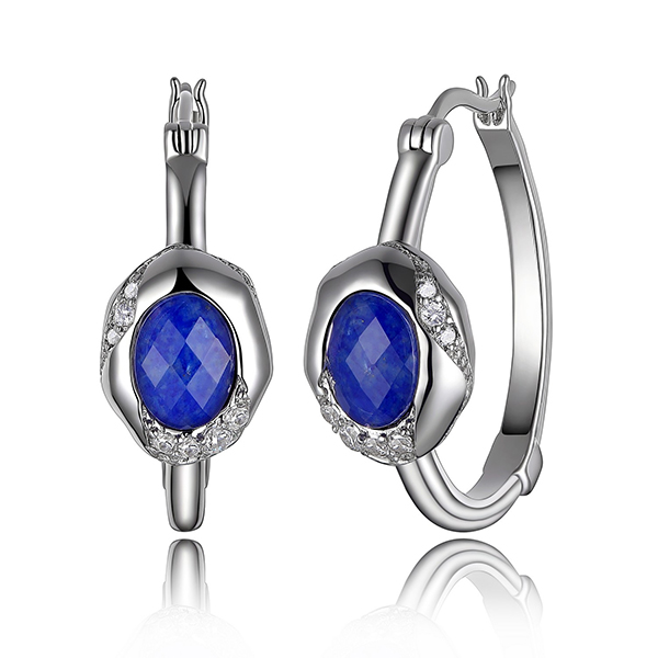 ELLE Sterling Silver OASIS  White Crystal Lapis and Cubic Zirconia Hoop Earrings - Silver