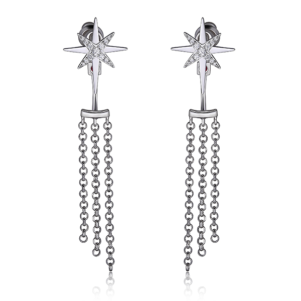 ELLE Sterling Silver  2 in 1 Cubic Zirconia North Star Tassel Post Front and Pack Post Earrings - Silver