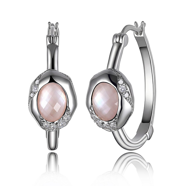 ELLE Sterling Silver Mother of Pearl with Crystal Overlay 25mm Hoop Earrings - Silver