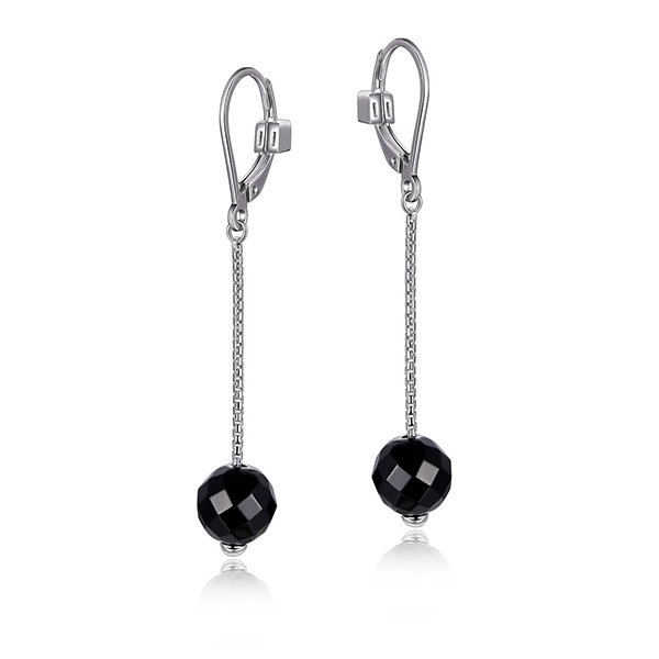 ELLE Sterling Silver Genuine Black Agate Leverback Drop Earrings - Silver
