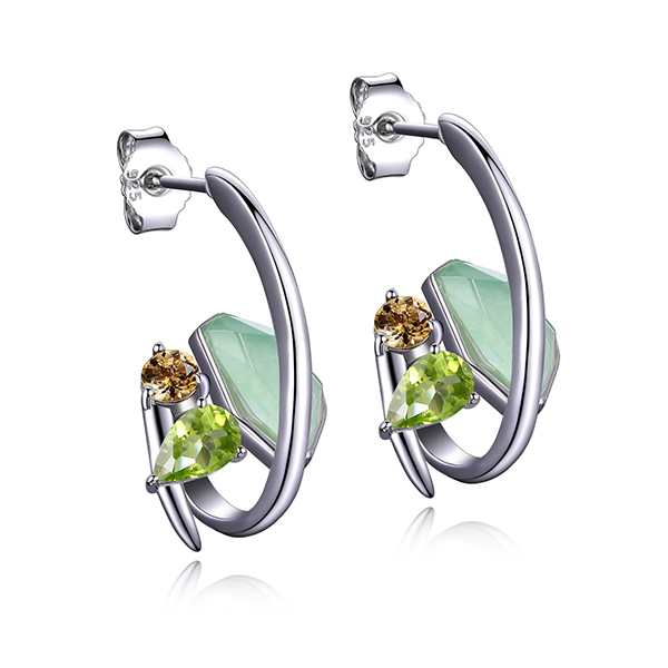 ELLE Sterling Silver Dyed Green Quartzite Genuine Citrine and Genuine Lemon Quartz Post Earrings - Silver