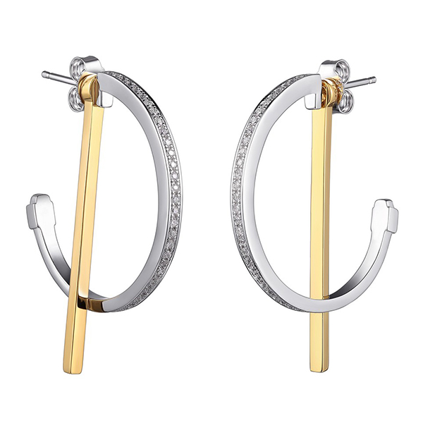 ELLE Sterling Silver 28mm Half Hoop and Bar 2 in 1 Two Tone Post Earrings